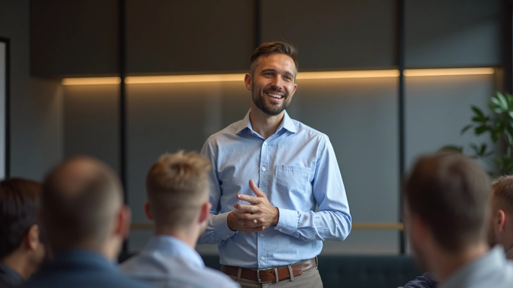 Jonge man geeft presentatie vol zelfvertrouwen voor enthousiast publiek