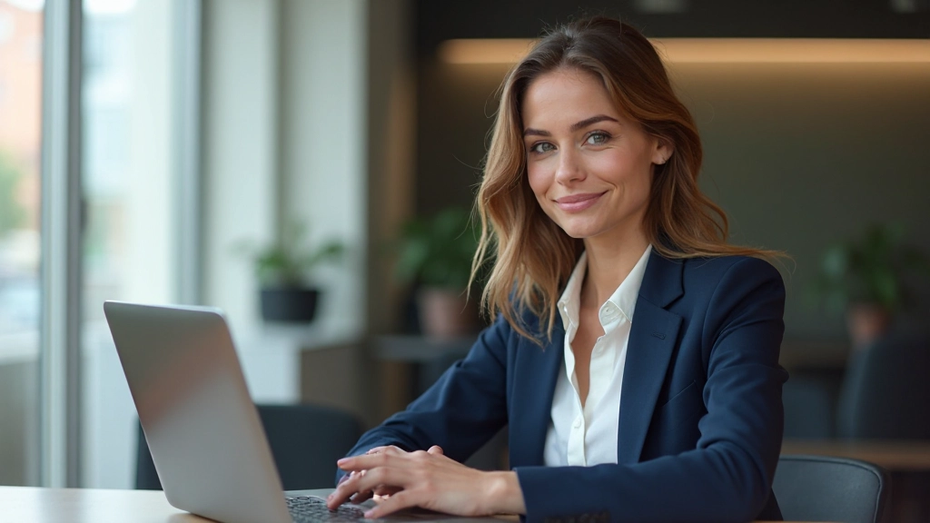 Vrouw in professioneel kantoor werkt zelfverzekerd aan laptop