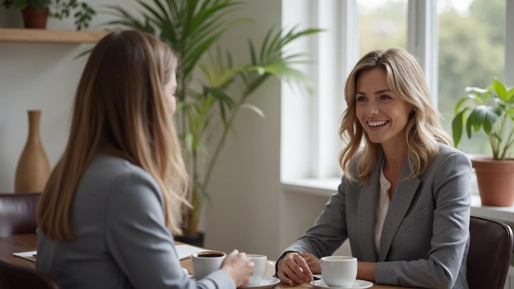 Twee professionals in gesprek met koffiemokken op tafel, openhartige communicatie in gezellige coachingsruimte
