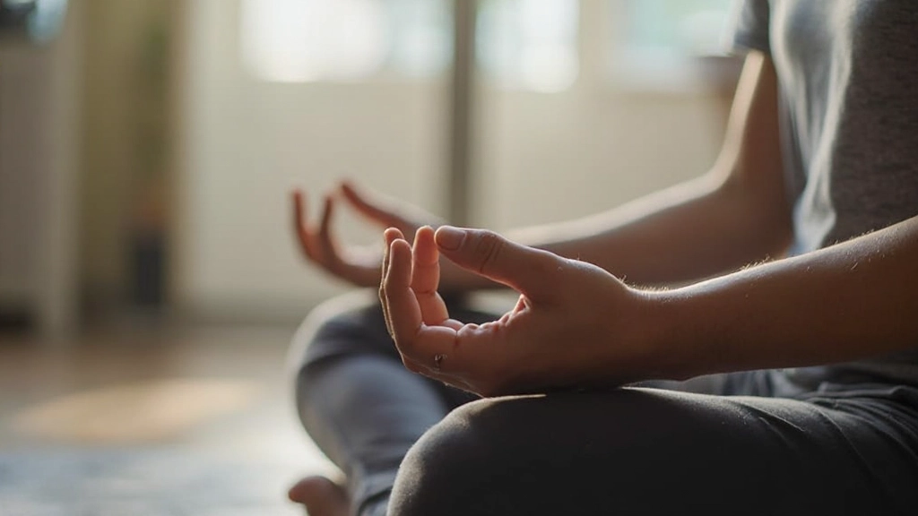 Close-up van handen in rust op schoot tijdens meditatiesessie