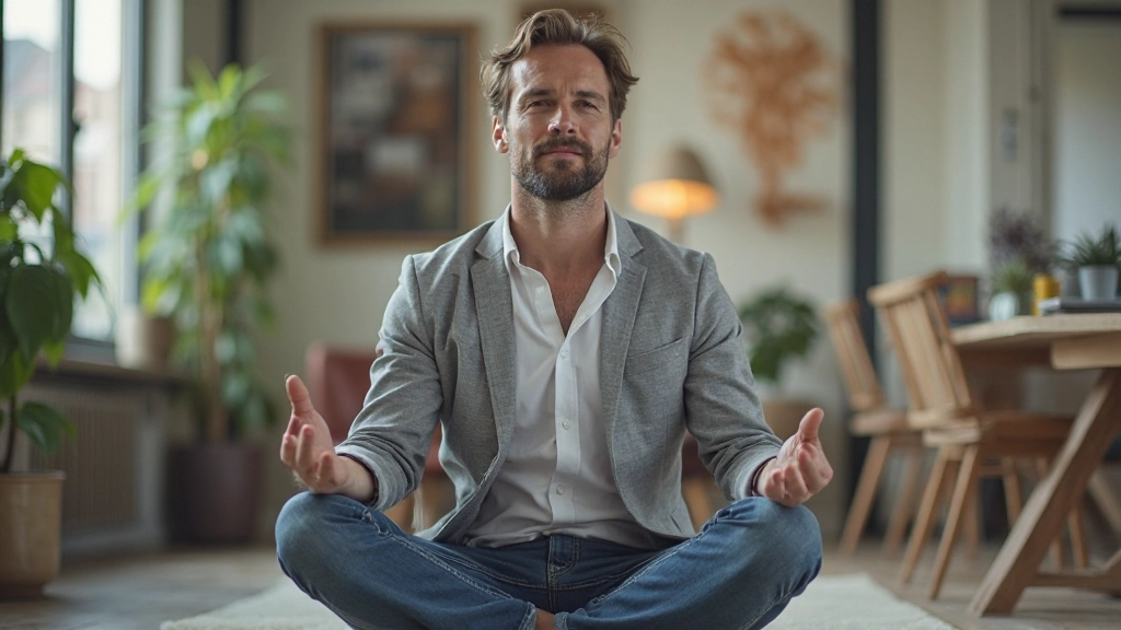Man voert mindfulness meditatie uit op rustige plek en werkt aan mentale voorbereiding voor presentatie
