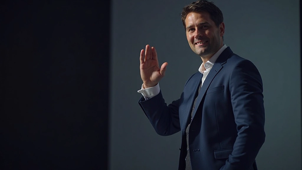 Man die met zelfverzekerdheid op het podium staat en zijn hand opstekt