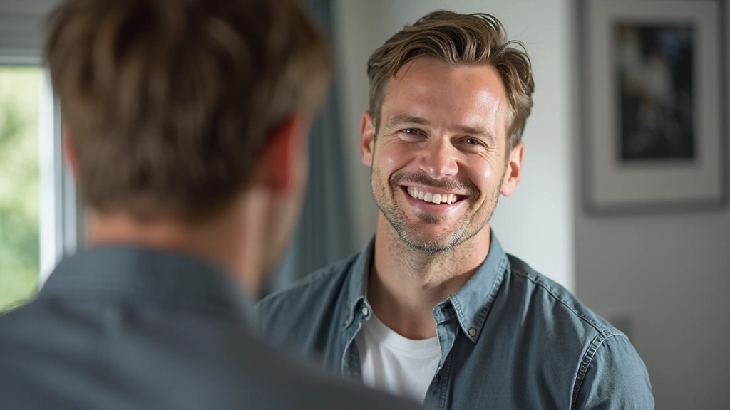 Man die in spiegel kijkt met waardering en acceptatie van zichzelf