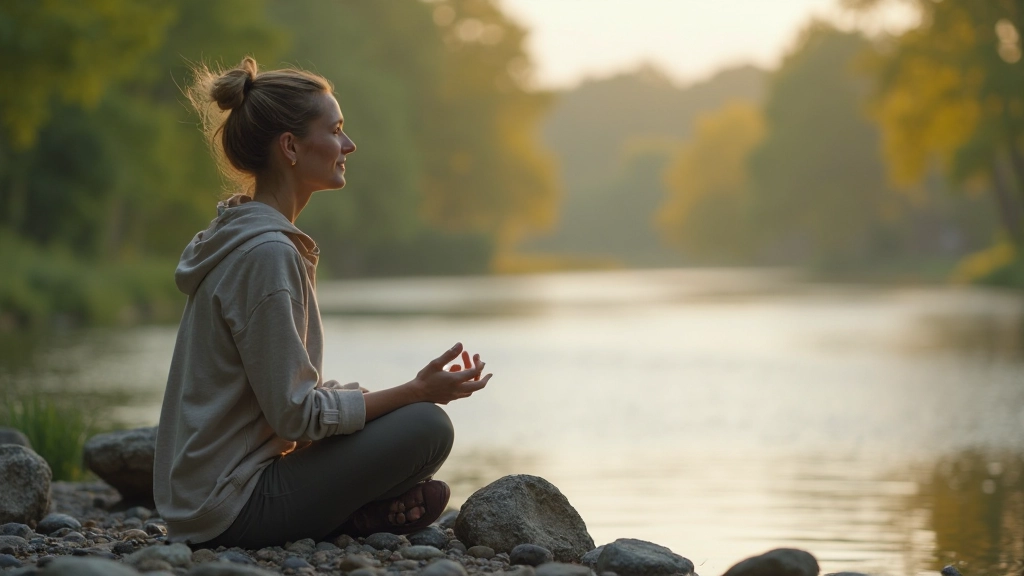 Persoon die mediteert in stille natuuromgeving met water op achtergrond