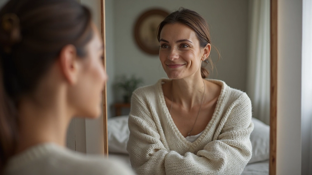 Persoon die naar zichzelf kijkt in spiegel met acceptatie en waardering