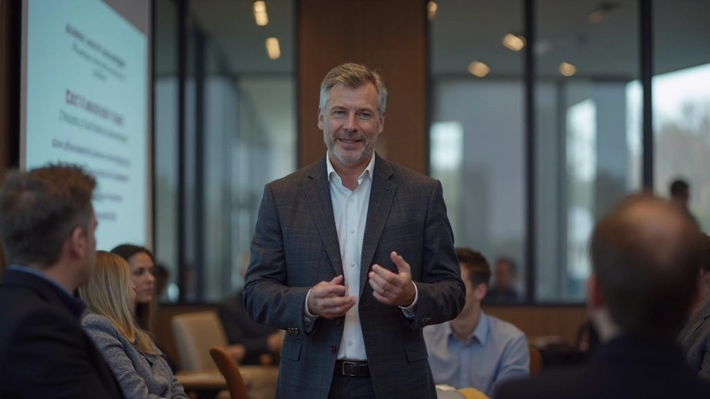 Persoon die vertrouwensvol spreekt voor groep in presentatieruimte