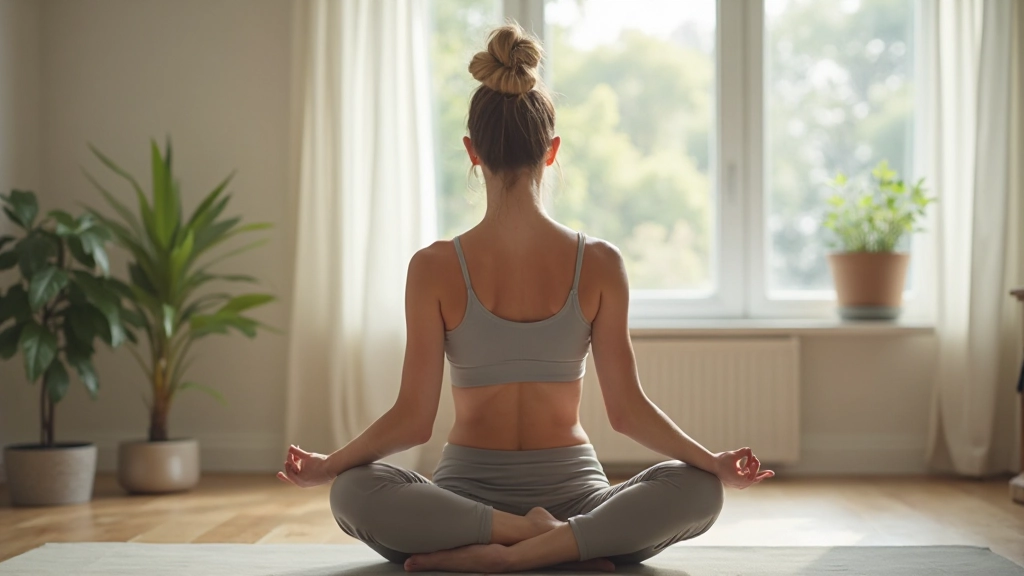 Vrouw die meditatief oefent in een rustige, lichtvol kamer