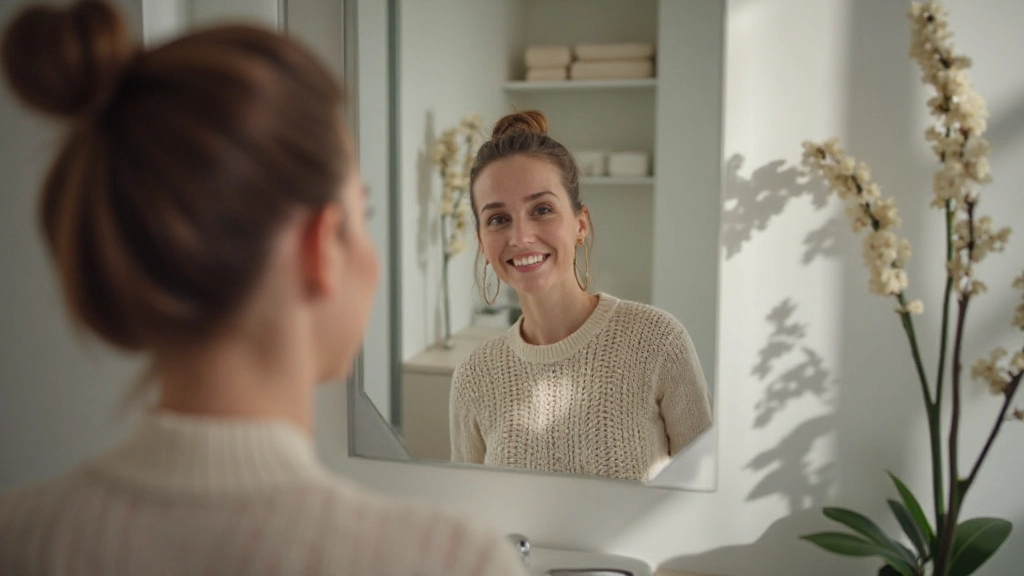 Persoon die in een spiegel naar zichzelf kijkt met acceptatie en eigenliefde