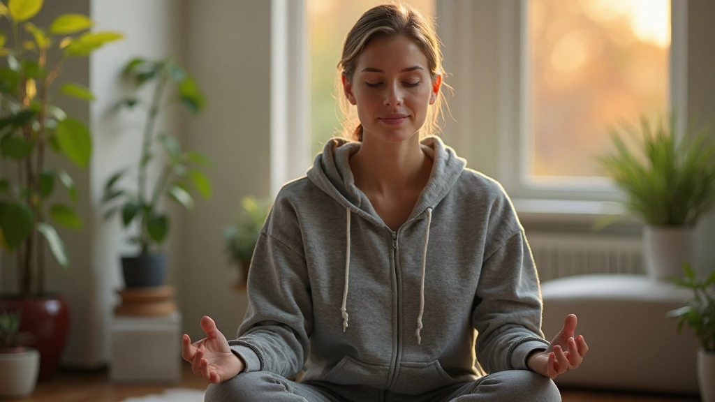 Vrouw mediteert in rustige omgeving met volle concentratie en innerlijke rust