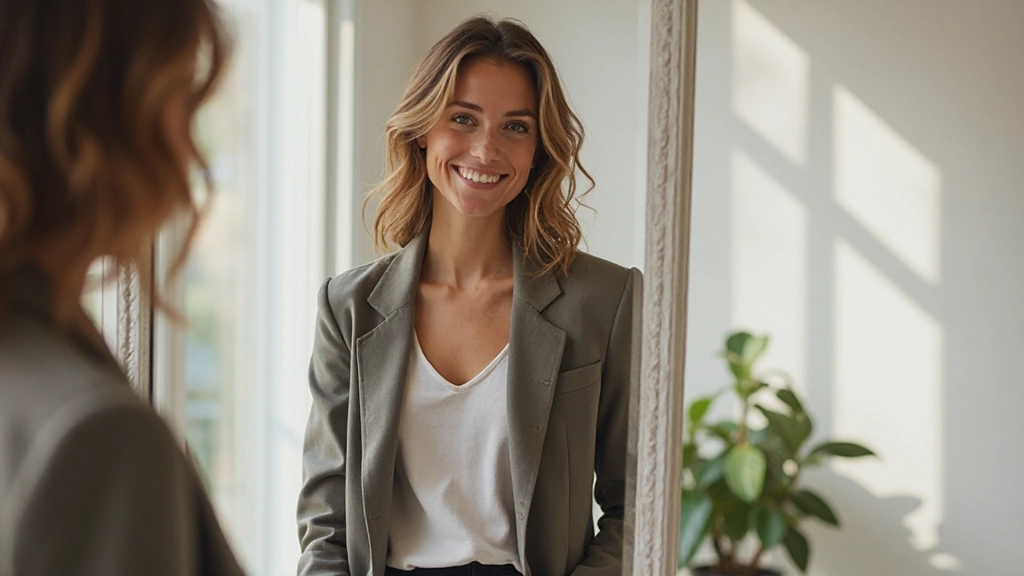 Vrouw staat vol vertrouwen voor spiegel met positieve gezichtsuitdrukking en zelfverzekerde houding