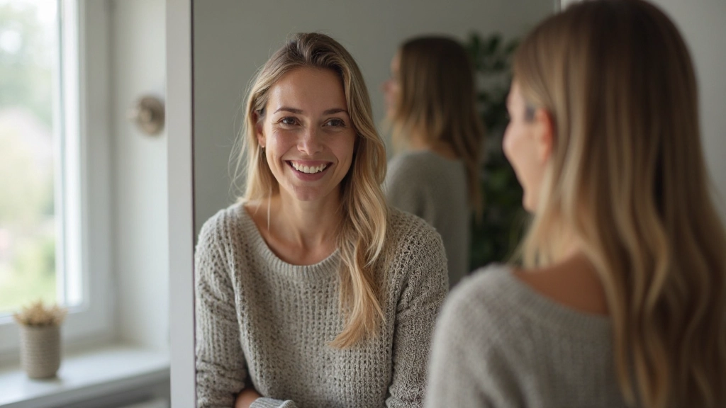 Vrouw met zelfvertrouwen die in de spiegel kijkt en naar zichzelf lacht