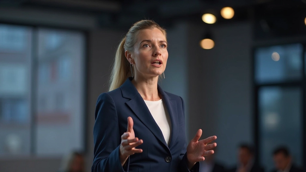 Vrouw die zelfverzekerd voor een publiek spreekt en presenteert