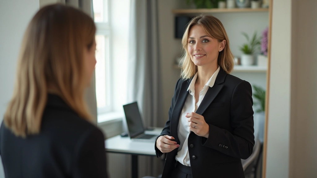 Vrouw oefent presentatie voor spiegel en observeert haar lichaamstaal en gezichtsuitdrukking aandachtig