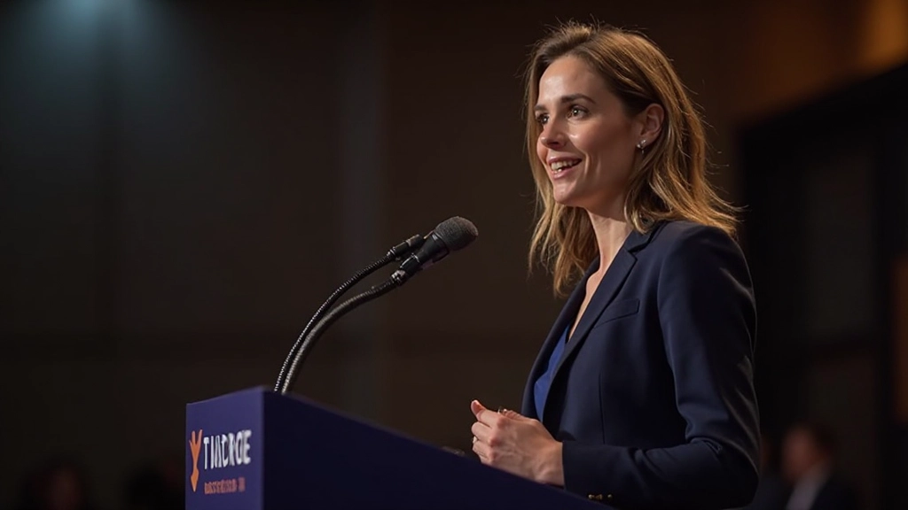 Professionele spreker presenteert vol vertrouwen op podium met microfoon in modern congrescentrum