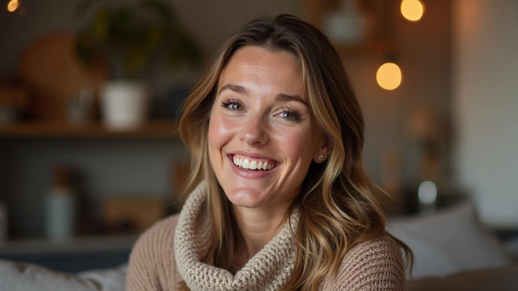 Vrouw die zich zelfverzekerd en gelukkig voelt, met een glimlach en open lichaamshouding