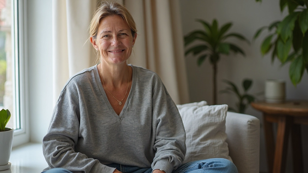 Vrouw die uitademt met ontspannen gezicht na succesvol coachingtraject in naturlijke setting