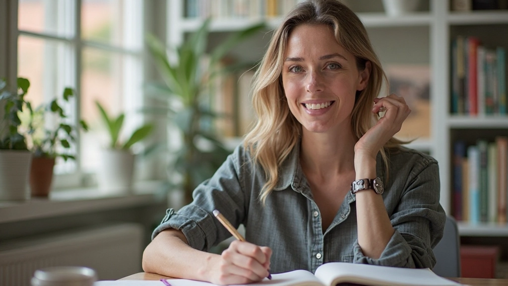 Persoon schrijft in een journal, reflecterend op persoonlijke groei en zelfacceptatie
